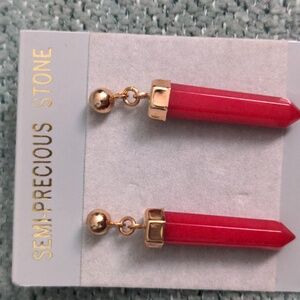 NWT Macy's Red Gemstone & Gold Modern Spike Earrings, 1 3/4" Drop Dangle,